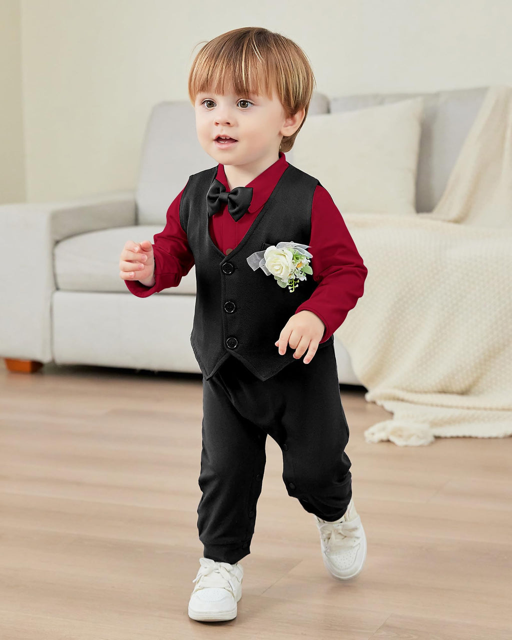 mikiumkee Baby Boy Suit Gentleman Clothes Wedding Outfits Formal Jumpsuit Long Sleeve Romper+Vest Wine Red 18-24 Months