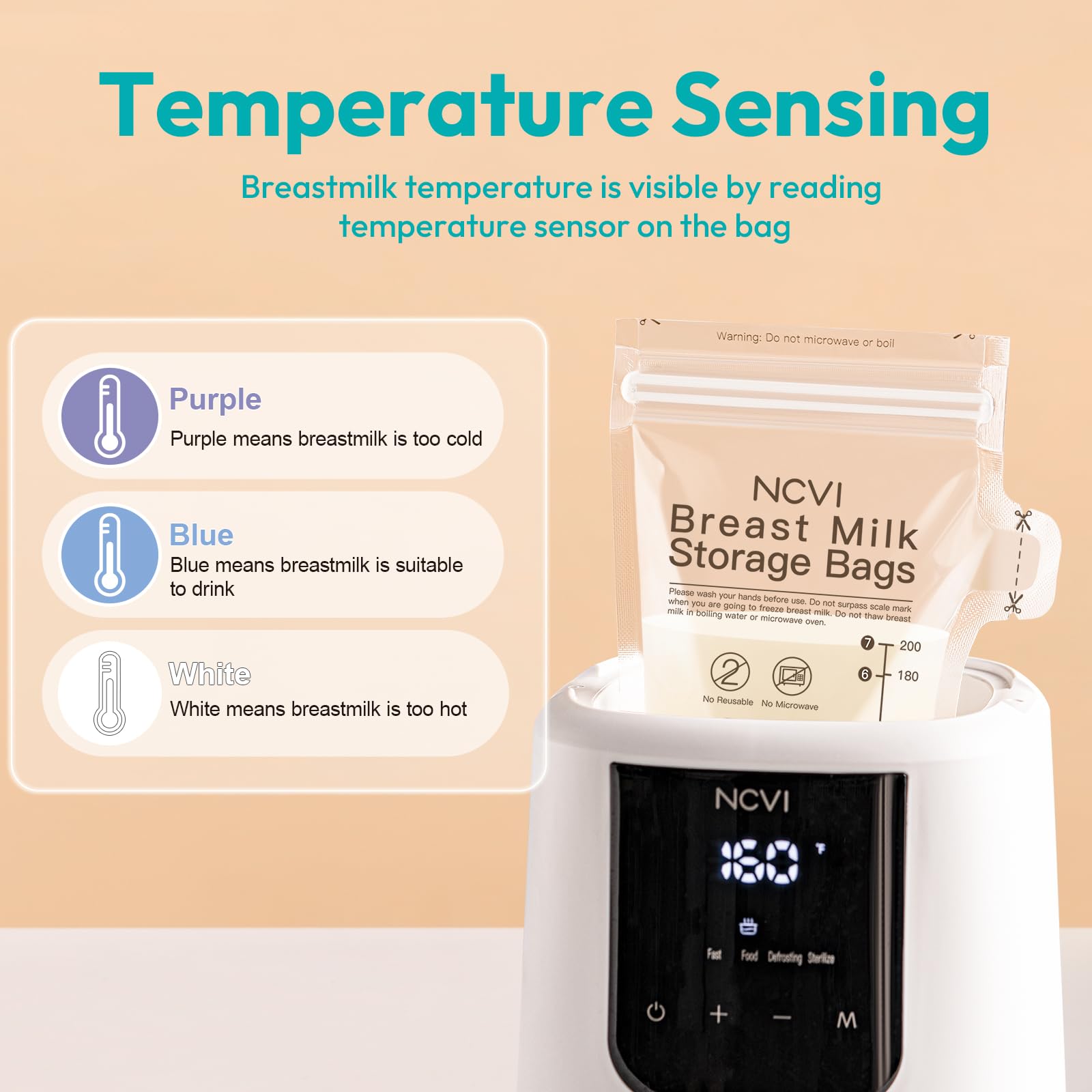 NCVI Breastmilk Storage Bags, 180 Count 7oz, Temp-Sensing, Double-Sealed