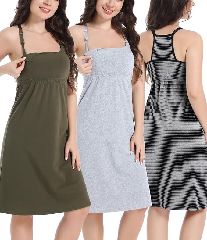SUIEK 3-Pack Maternity Nursing Nightgown Cotton Breastfeeding Dress Pregnancy Tank Tops Sleepwear