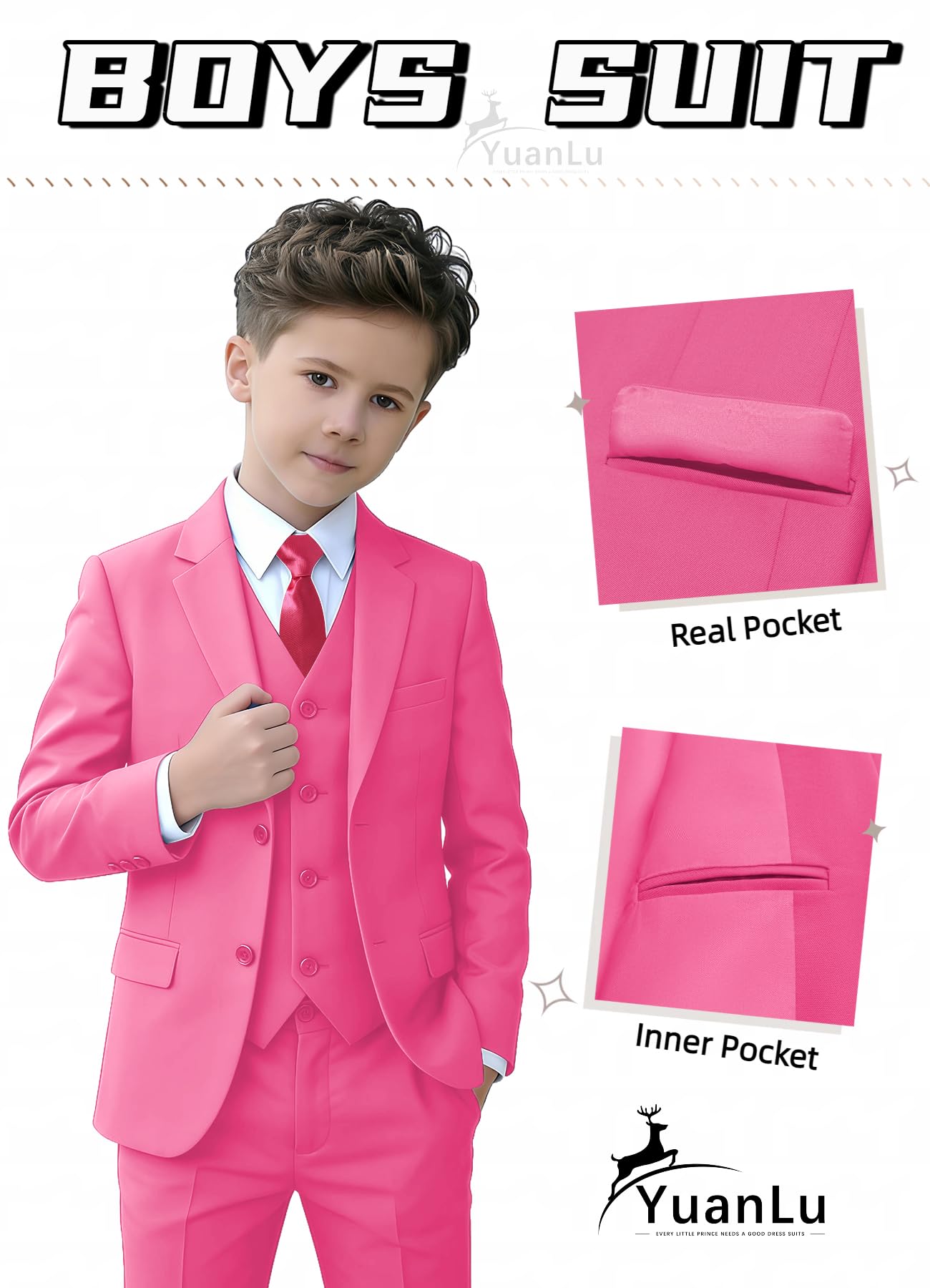 YuanLu Boys Hot Pink Suits Kids Easter Tuxedo Toddle Slim Fit Outfit Size 6