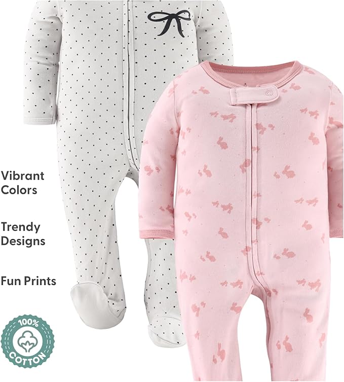 The Peanutshell Baby Sleepers for Girls Set of 3 - Soft Cotton Footed Pajamas for Newborns & Infants - Pink Balletcore
