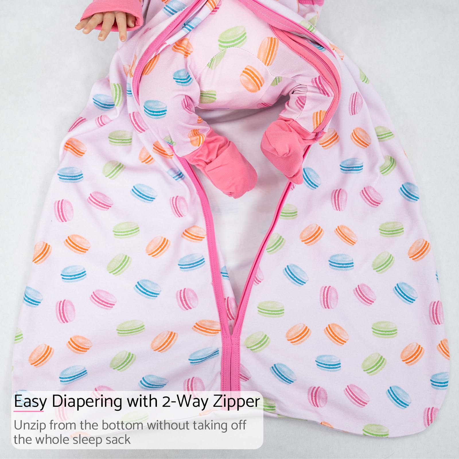 LollyBanks Baby Sleep Sack for Girls, 100% Cotton Comfortable Sleep Sack 0-6 Months with 2-Way Zipper, Soft and Lightweight 0.5 TOG Baby Wearable Blanket, Baby Essentials (Macaron Print)