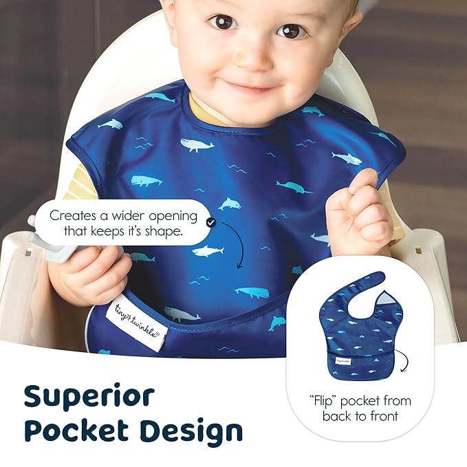 Tiny Twinkle Mess Proof Baby Bibs for Eating – Waterproof, Wipeable Toddler Bibs with Pocket – Baby Food Bibs for Girls & Boys(3 Pack,Sea, Dino)