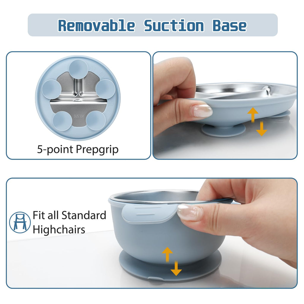 MISSLILI Stainless Steel Kids Plates and Bowls Set with Suction - (Blue)