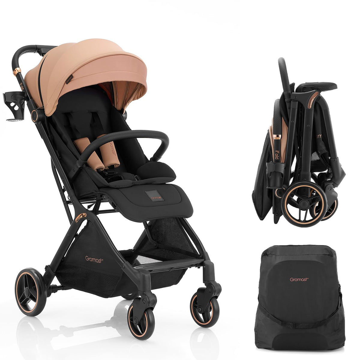Gromast Gravity Folding Baby Stroller - Portable Travel Toddler Stroller w/Adjustable Backrest, Canopy & Cup Holder, Lightweight and UV Protected, One-Hand Automatic Folding - Black