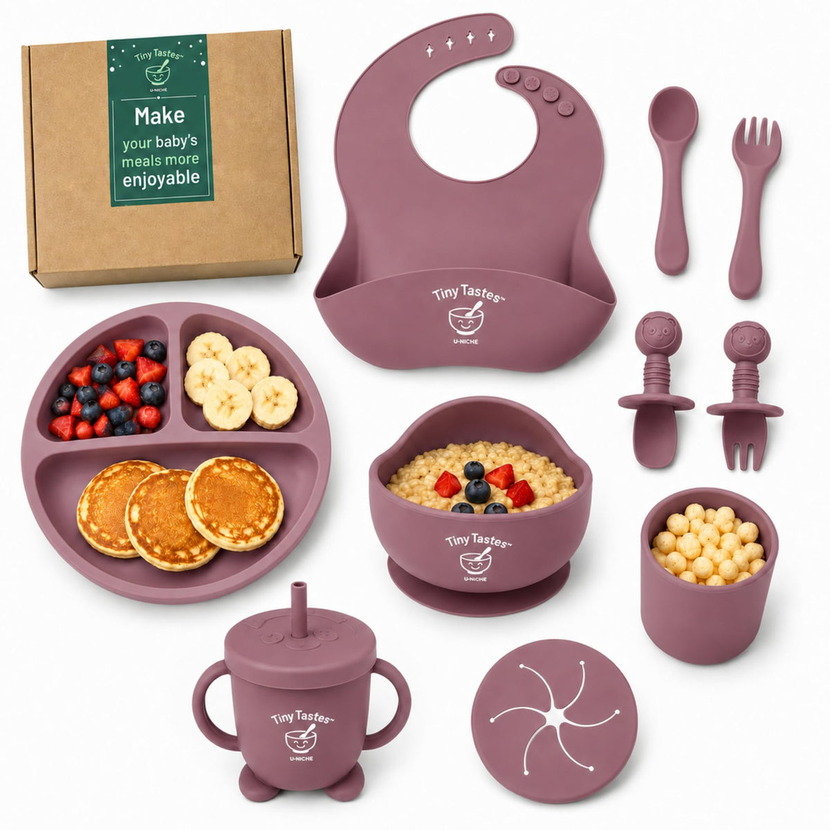 Tiny Tastes 10-Piece Silicone Baby Feeding Set – Baby Led Weaning Supplies with Suction Plate & Bowl, Adjustable Bib, Snack Cup, Spoons & Fork, BPA-Free Baby Feeding Essentials for Toddlers