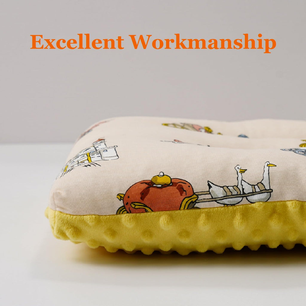 Reidio 1Pcs Toddler Pillow Double Sided Breathable Soft Cotton & Minky Dot Fabric Kids Pillow Cute Small Pillow Machine Washable (Yellow Carriage)