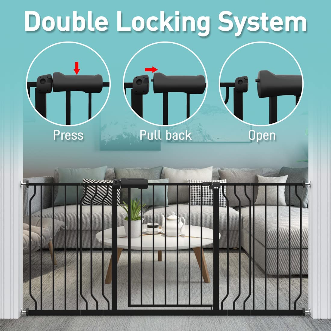 WAOWAO 57.48-62.20" Extra Wide Baby Gate Pressure Mounted 30" Tall Black