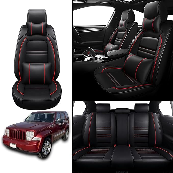 Car Seat Covers for JP Liberty 2002-2012 | 5-Seats Seat Covers, Waterproof Seat Protectors, Automotive Seat Covers (Full Set with Pillow,Black&Red Line)