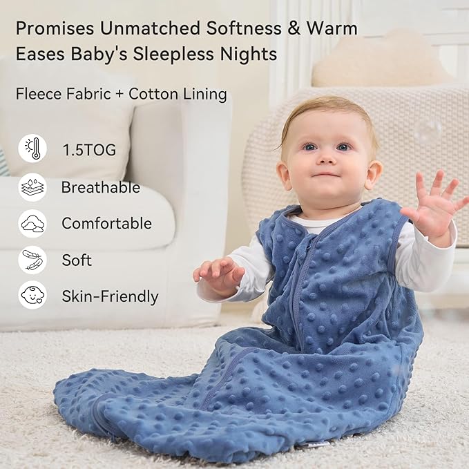 Fleece Baby Sleep Sack 0-6 Months with Plush Dots 1.5 Tog Baby Wearable Blanket with 2-Way Zipper Warm Sleeping Sack for Toddler Infant Newborn - Small, Blue&Green