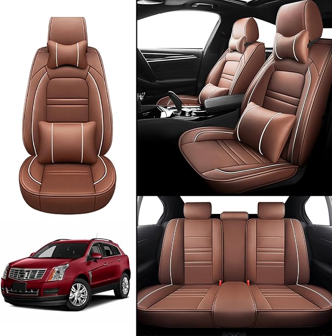 Car Seat Covers for Cadillac SRX 2004-2016 | 5-Seats Seat Covers, Waterproof Seat Protectors, Automotive Seat Covers (Full Set with Pillow,Coffee)