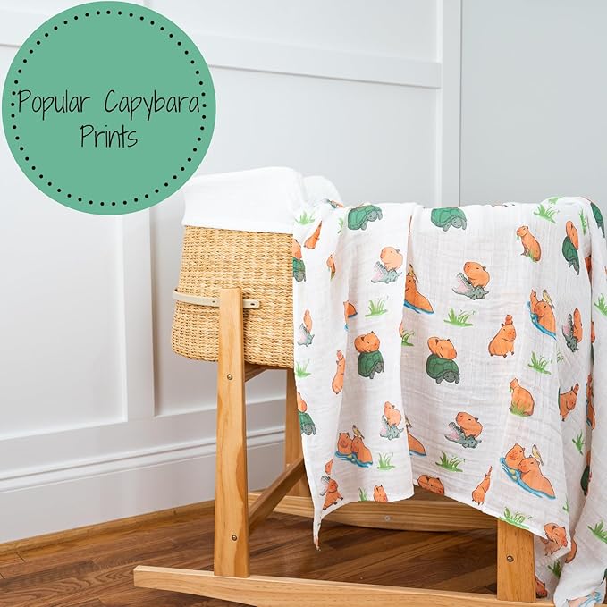 LollyBanks Swaddle Blanket, 100% Cotton Muslin Swaddle Blankets, Neutral Swaddle Blanket 47 x 47 Inches, Baby Blanket for Boys and Girls, Baby Essentials, Registry (Capybara Print)