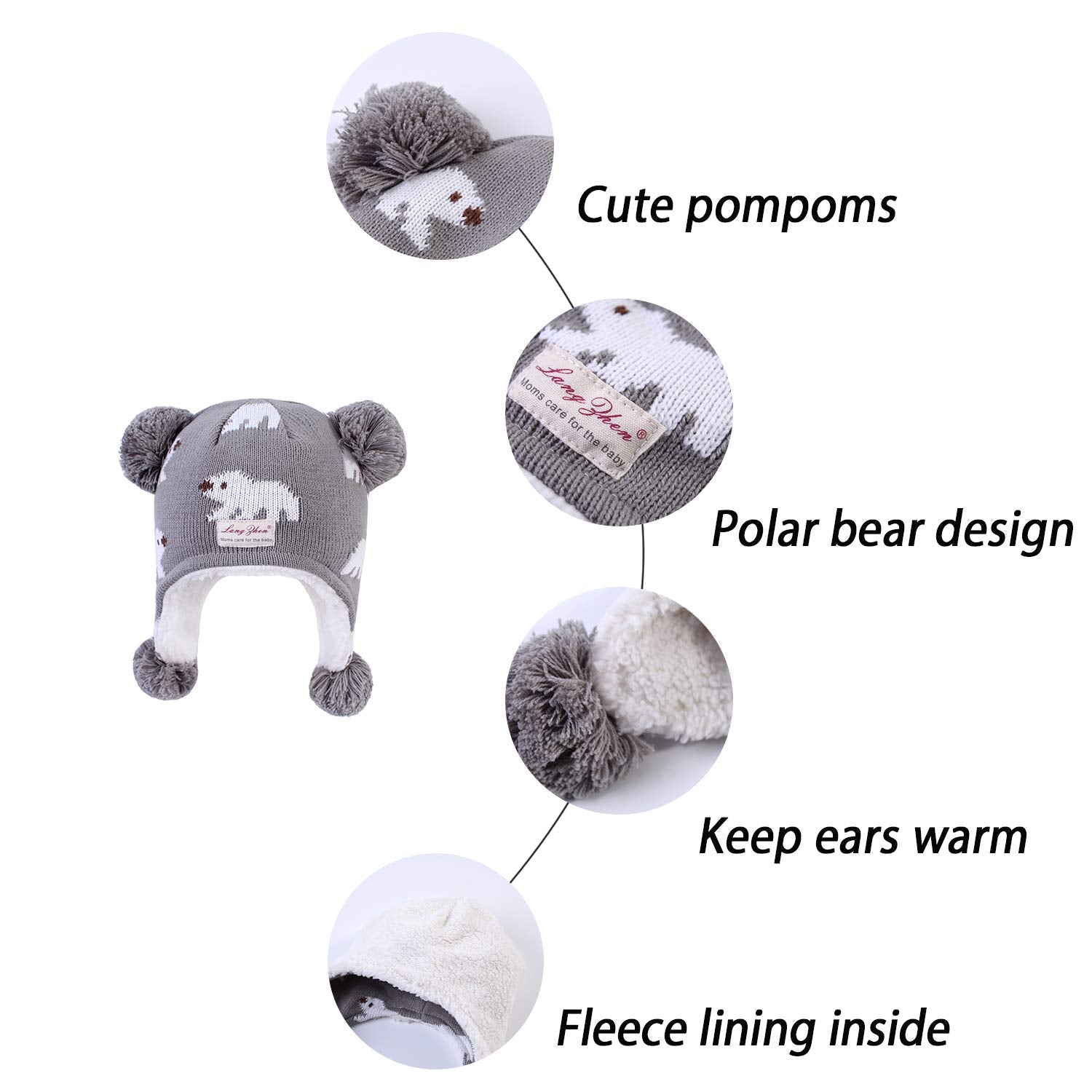 LANGZHEN Toddler Kids Infant Winter Hat,Earflap Knit Warm Cap Fleece Lined Beanie for Baby Boys (Bear -Navy Stripe+Polar Bear - Grey, 2-4 T)