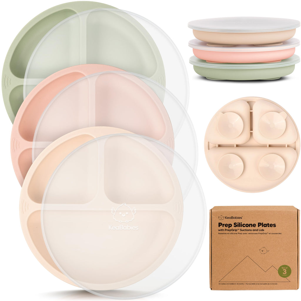 KeaBabies Suction Plates with Lids for Baby, 3pk 100% Silicone (Macaron)