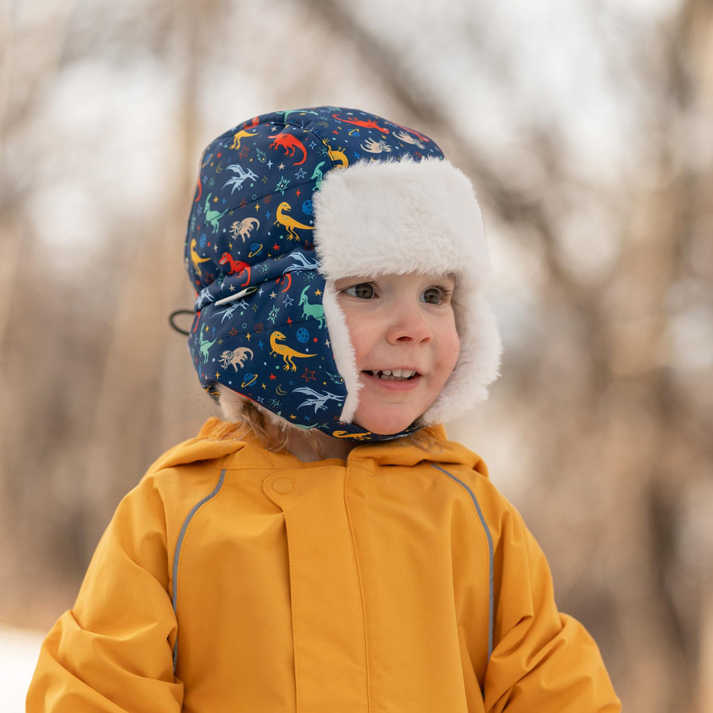 JAN & JUL Toasty-Dry Trapper Hat for Baby and Kids (Space Dinos, XL)