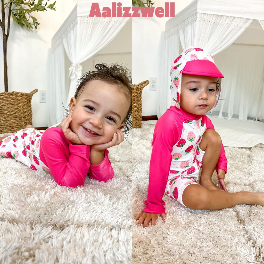 Aalizzwell Newborn Infant Baby Girls One Piece Long Sleeve Swimsuit Strawberry Bathing Suit Fruit Swimwear Beach Wear NB