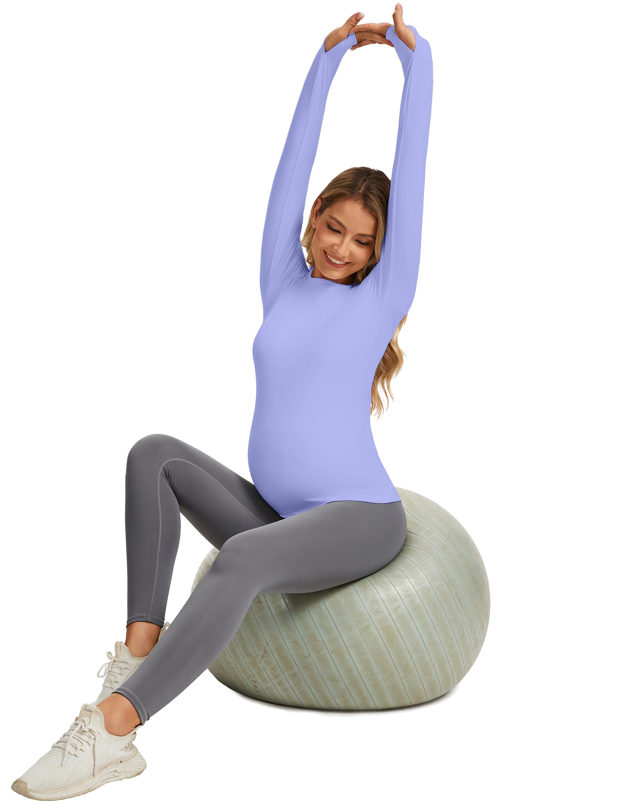 MathCat Maternity Long Sleeve Shirt with Thumbleholes,Pregnancy Casual Tops Athletic Yoga Maternity Shirts Light Purple
