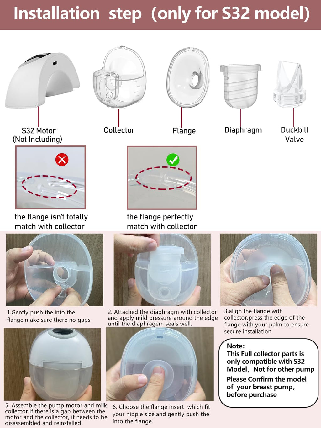 Two Full Sets Breast Pump Parts with 24mm Flange Compatible with NCVI/Nuliie/NICEGREEN Life/Zooawa S32 Breast Pump Replacement Parts,S32 Pump Parts,Extra Duckbill Valve&Diaphragm