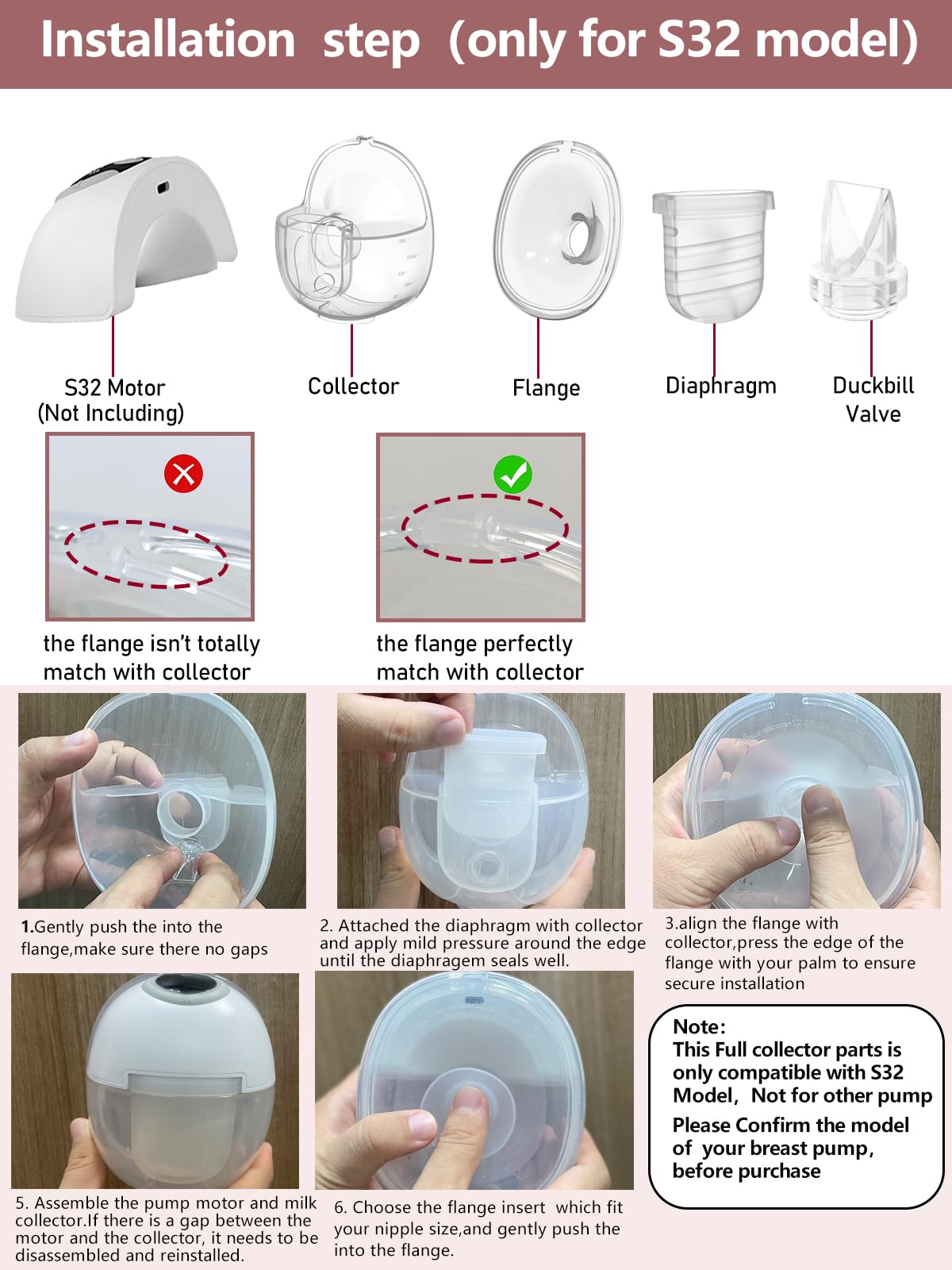 Two Full Sets Breast Pump Parts with 24mm Flange Compatible with NCVI/Nuliie/NICEGREEN Life/Zooawa S32 Breast Pump Replacement Parts,S32 Pump Parts,Extra Duckbill Valve&Diaphragm