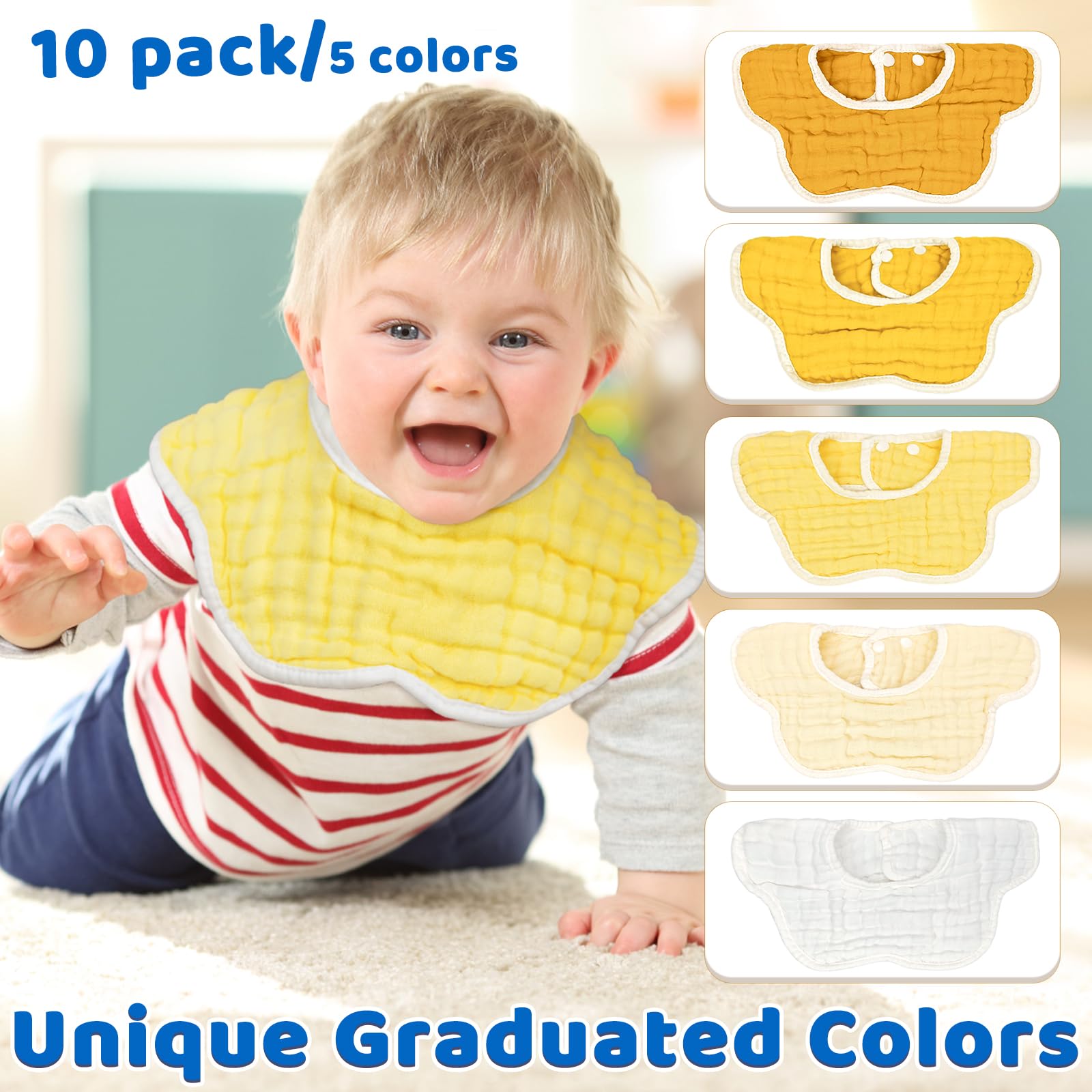EllieHouse Baby Bibs for Girls Boys 10Pack Muslin Drool Teeth Drooling Teething Bibs Muslin Cotton for Infant Toddler Yellow White