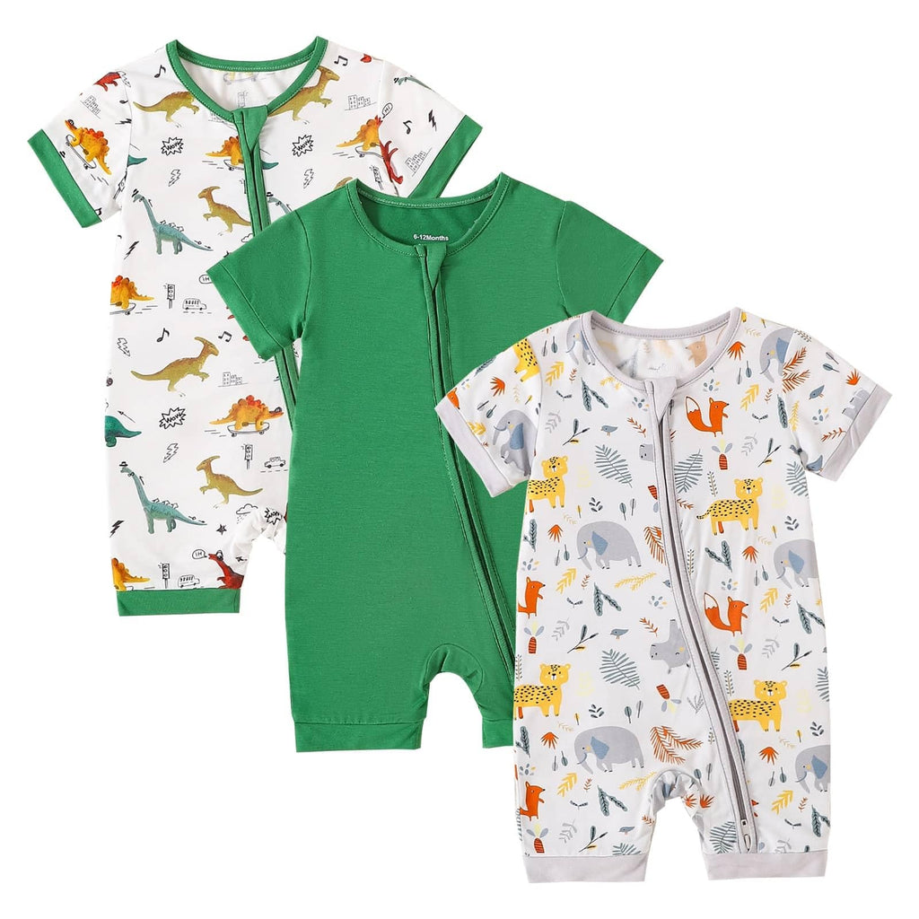 OPAWO Baby Boy Pajamas 3 Pack, 2 Way Zipper Sleepers Baby Boy Girl Romper, Toddler Summer Clothes Outfits 0-24M(Animals/Dinosaurs/Green,0-3 Months)