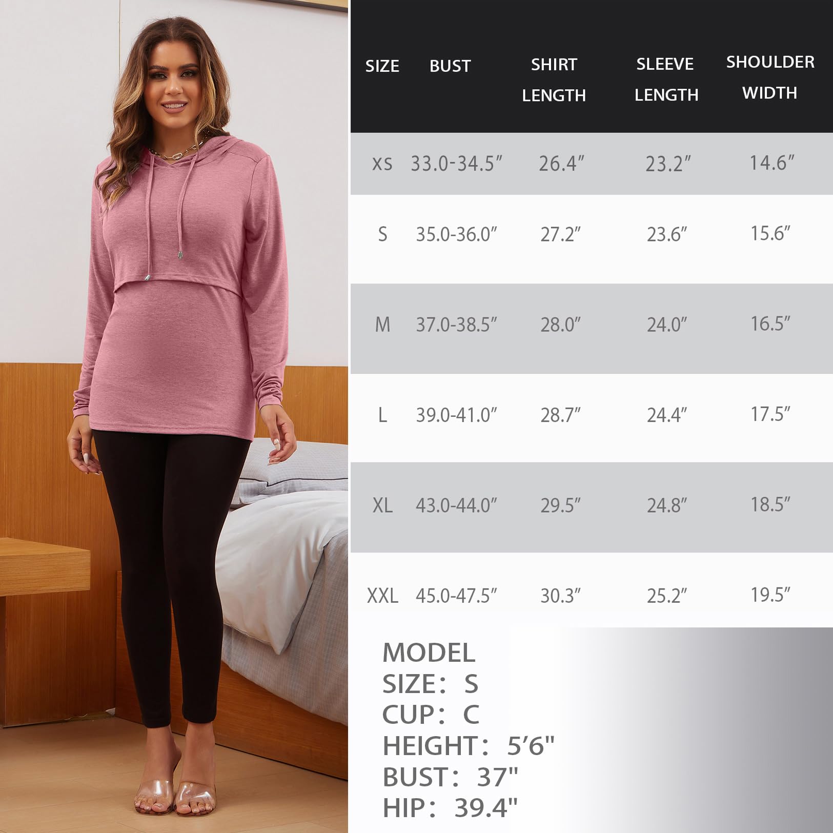 GINKANA Women Nursing Pullover Hoodie Long Sleeve Maternity Sweatshirt Casual Breastfeeding Top,Rose+White with Grey Stripe,XL