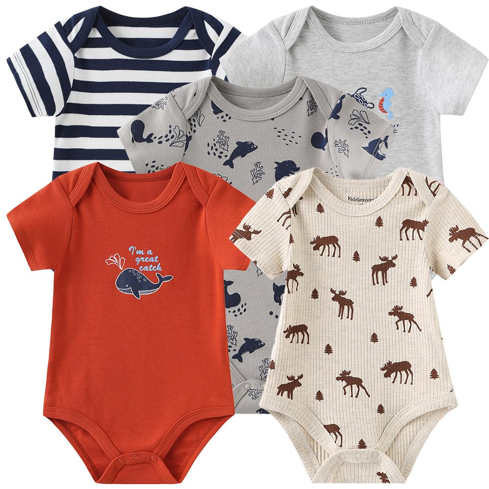 Kiddiezoom Newborn Baby Unisex Cotton One-Piece Bodysuits Baby Gift 5-Pack Clothes