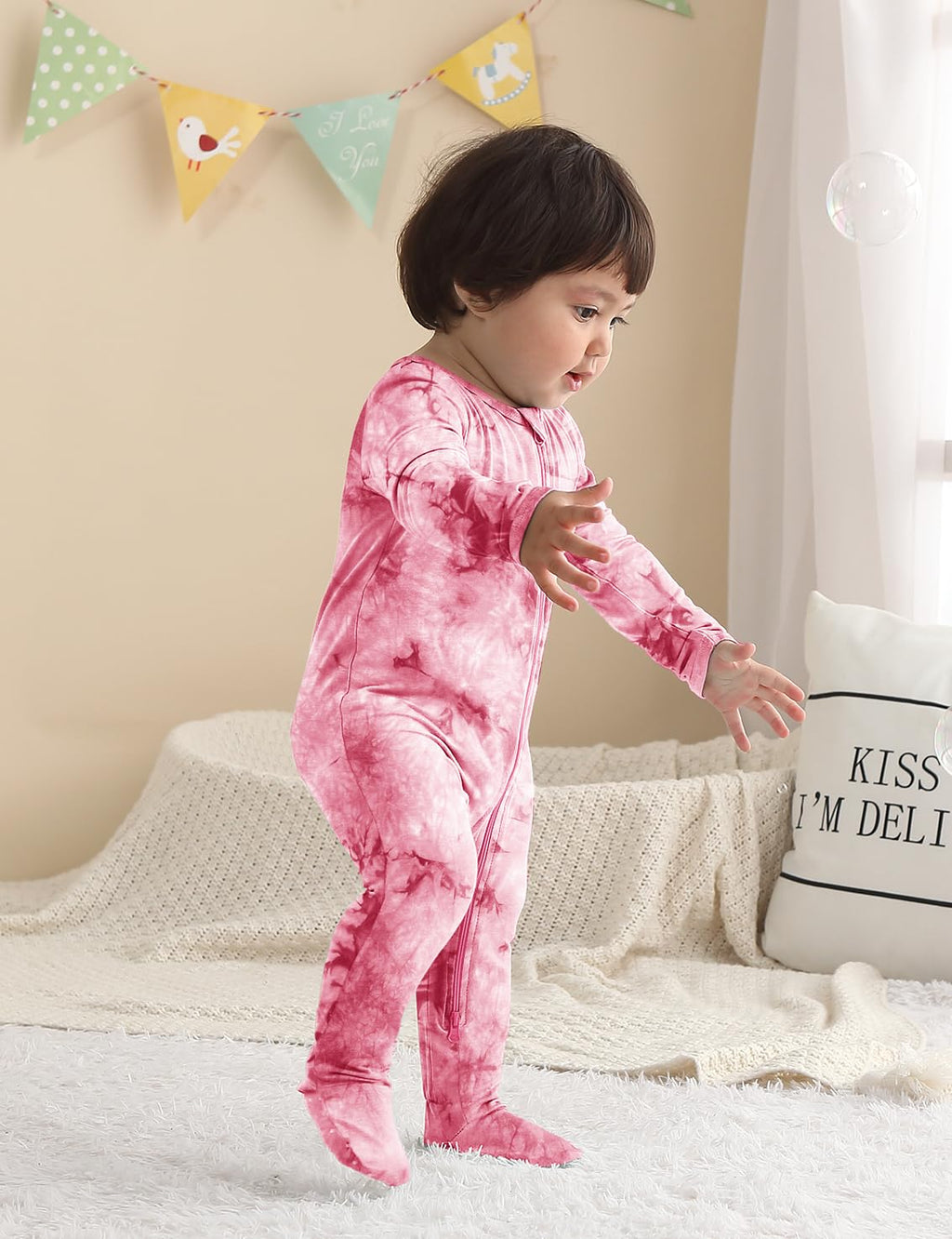 Jimonda Baby Girls Boys Bamboo Rayon Pajamas,Footed Pjs(Flow&Pink&Pur,0-3M)