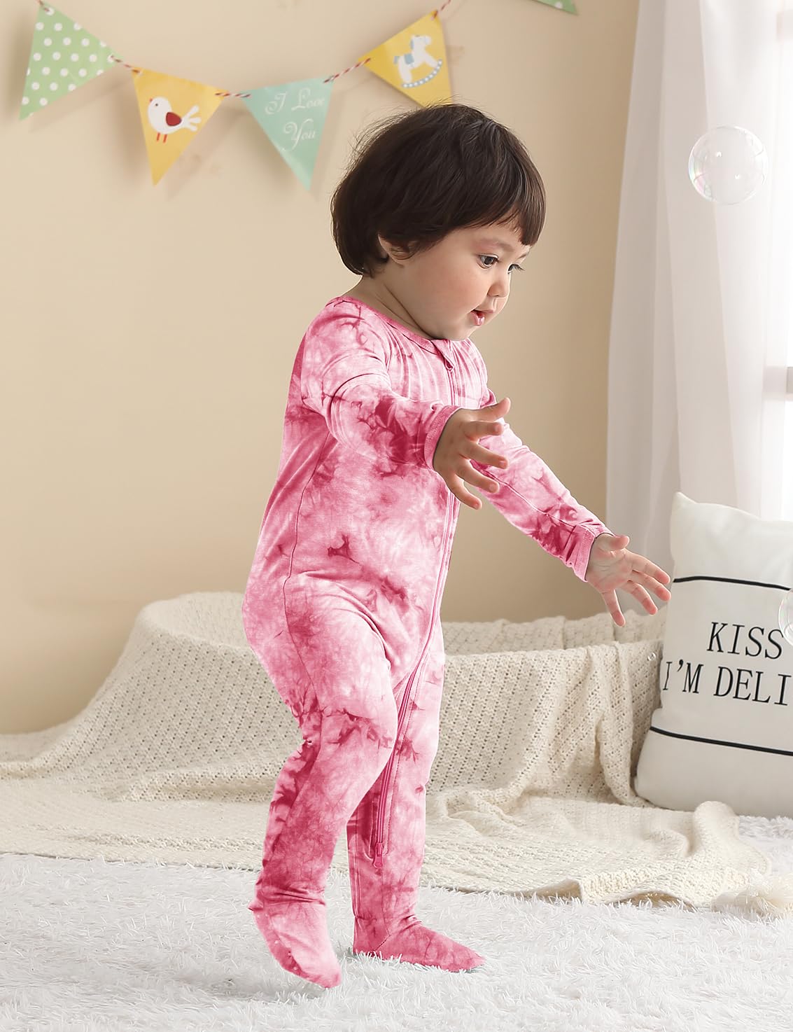 Jimonda Baby Girls Boys Bamboo Rayon Pajamas,Footed Pjs(Flow&Pink&Pur,0-3M)