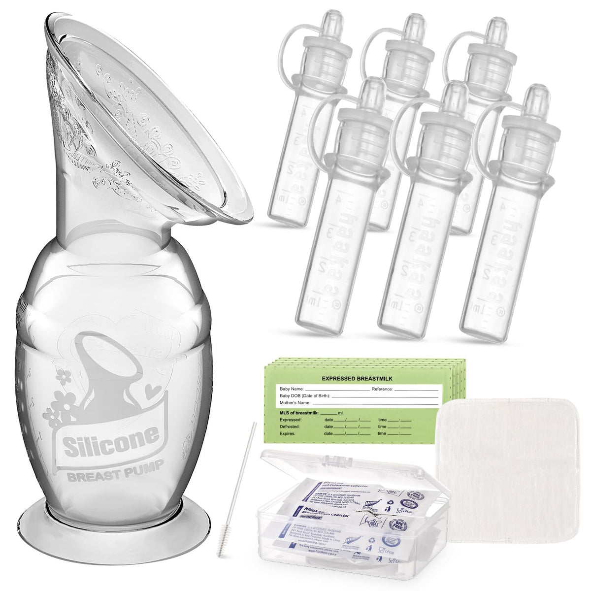 haakaa Gen.1 Manual Breast Pump 100ml/4oz. & 4ml Colostrum Collectors (6pcs) Combo - Liquid Gold Collection Set, Flexible & Soft Silicone Breast Milk Collector with Ready-to-use Colostrum Syringe