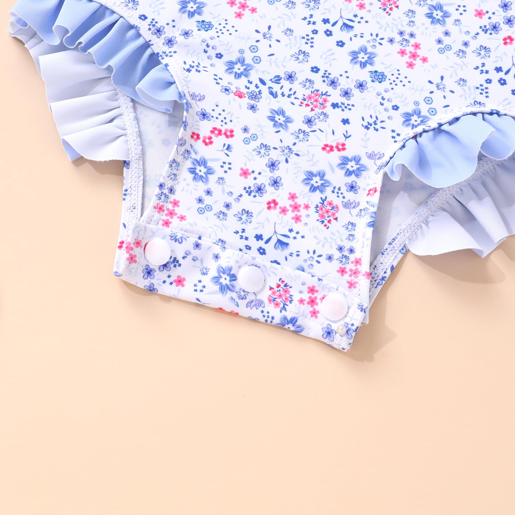 Infant Baby Girls Long Sleeve One Piece Swimsuit with Hat Floral Zipper Bathing Suit Leopard Beach Wear (Blue Border Floral Fragments，18-24Months)
