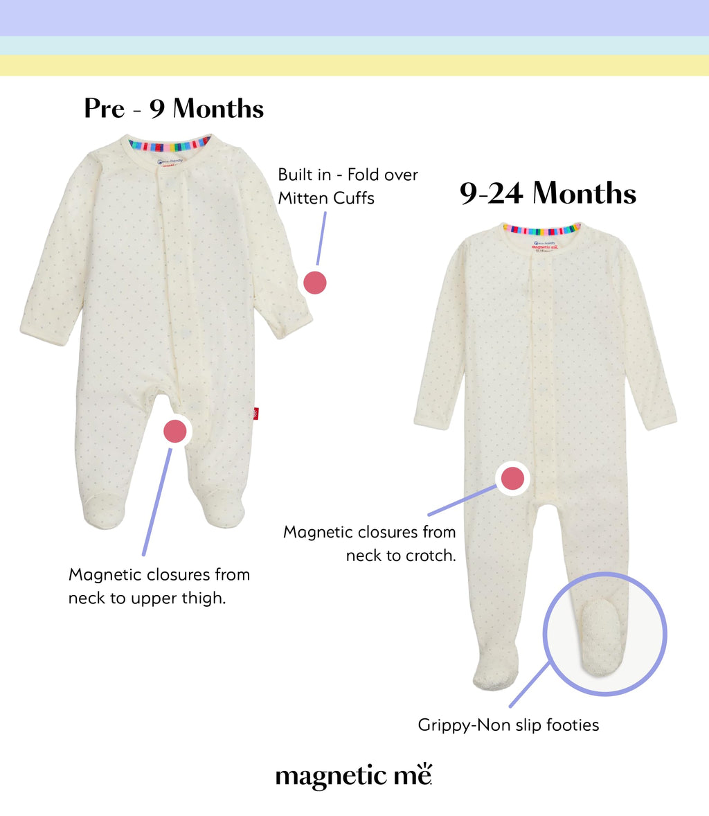 Magnetic Me Girls Modal Magnetic Baby Footie Pajamas | Silky Soft Modal Fabric | Pin Dot Cream | 9-12 Months