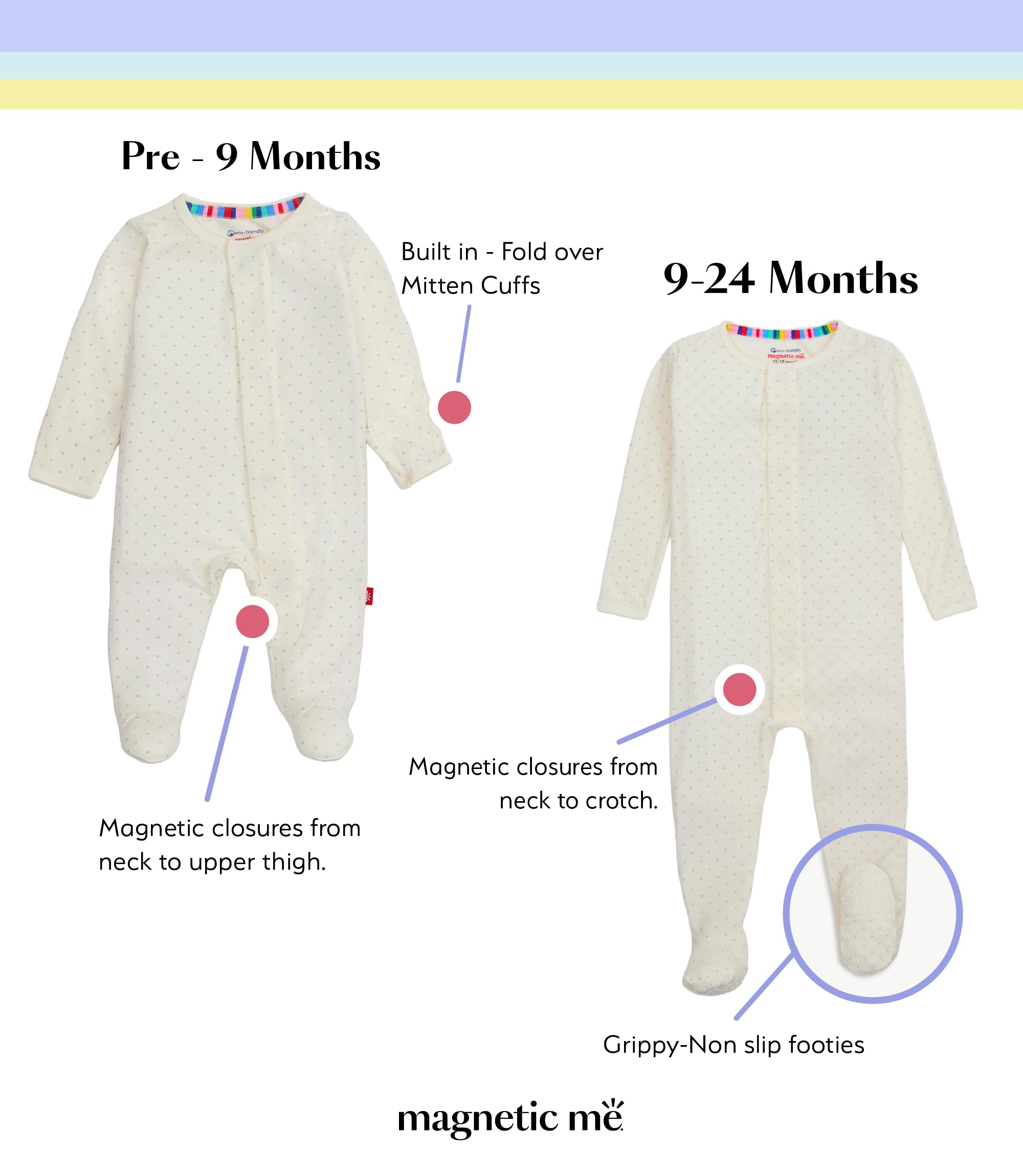 Magnetic Me Girls Modal Magnetic Baby Footie Pajamas | Silky Soft Modal Fabric | Pin Dot Cream | 9-12 Months