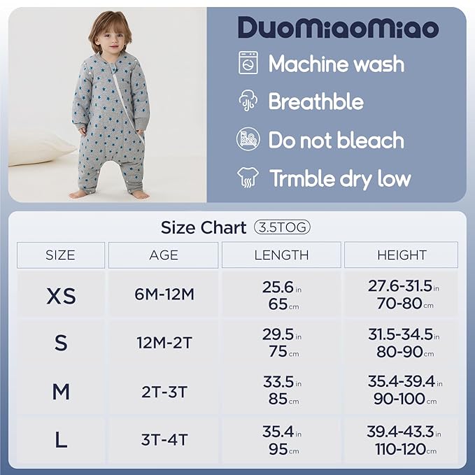 Duomiaomiao 3.5 TOG Toddler Sleep Sack 2-3T 100% Cotton Winter Side Open Zipper Baby Sleep Sack with Feet, Warm Toddler Wearable Blanket
