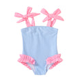 Happy Town Toddler Swimsuit Girl Solid Color Stripe One-Piece Baby Bathing Suits (Blue Stripes, 3-4 Years)
