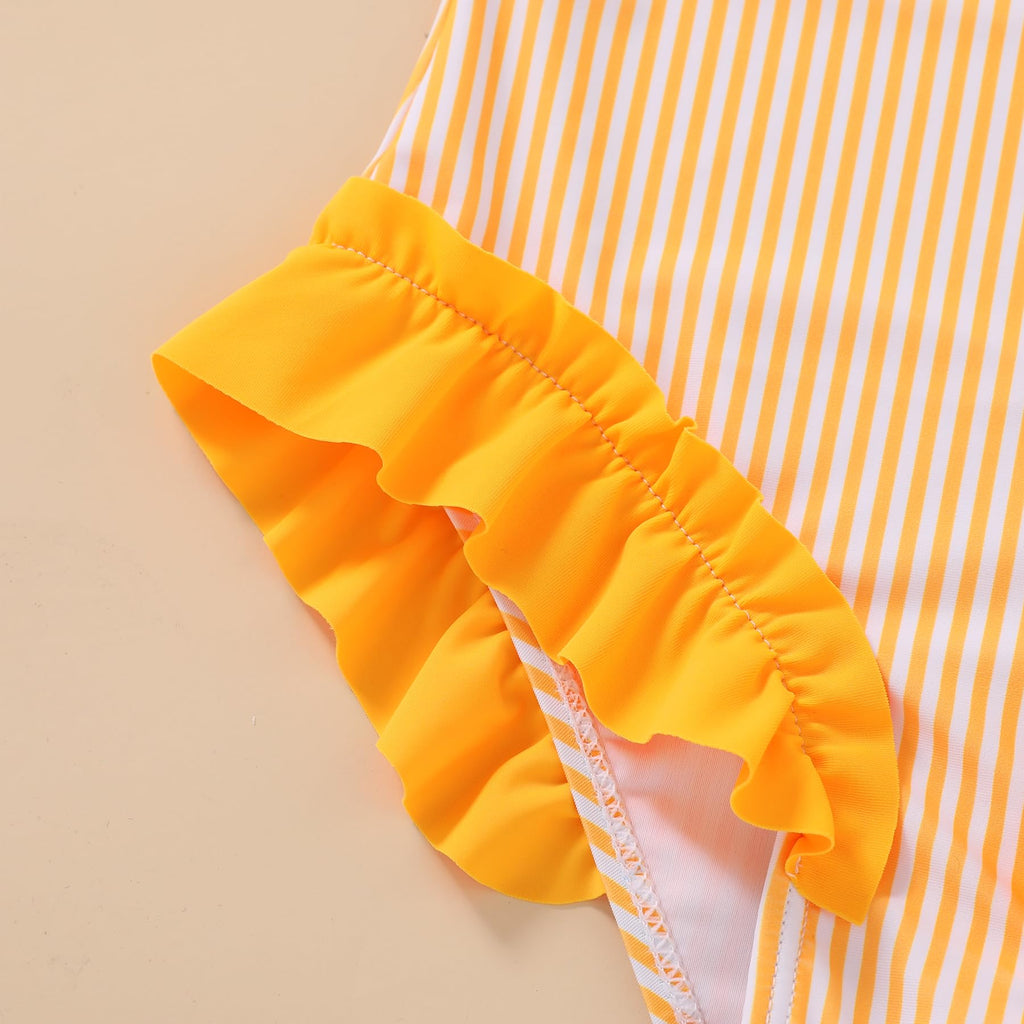 Happy Town Toddler Swimsuit Girl Solid Color Stripe One-Piece Baby Bathing Suits (Yellow Stripe, 9-12 Months)