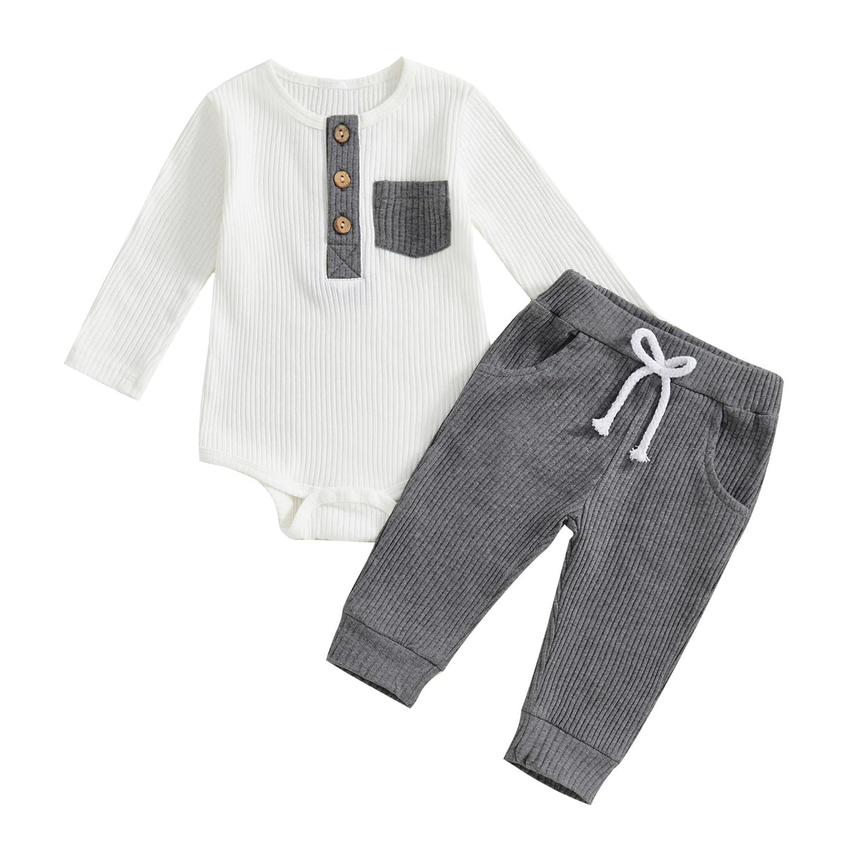 fhutpw Baby Boy Clothes 3 6 12 18 Months Ribbed Knitted Long Sleeve Romper and Pants Sets Newborn Fall Splicing Color Outfits (White&Brown, 3-6 Months)