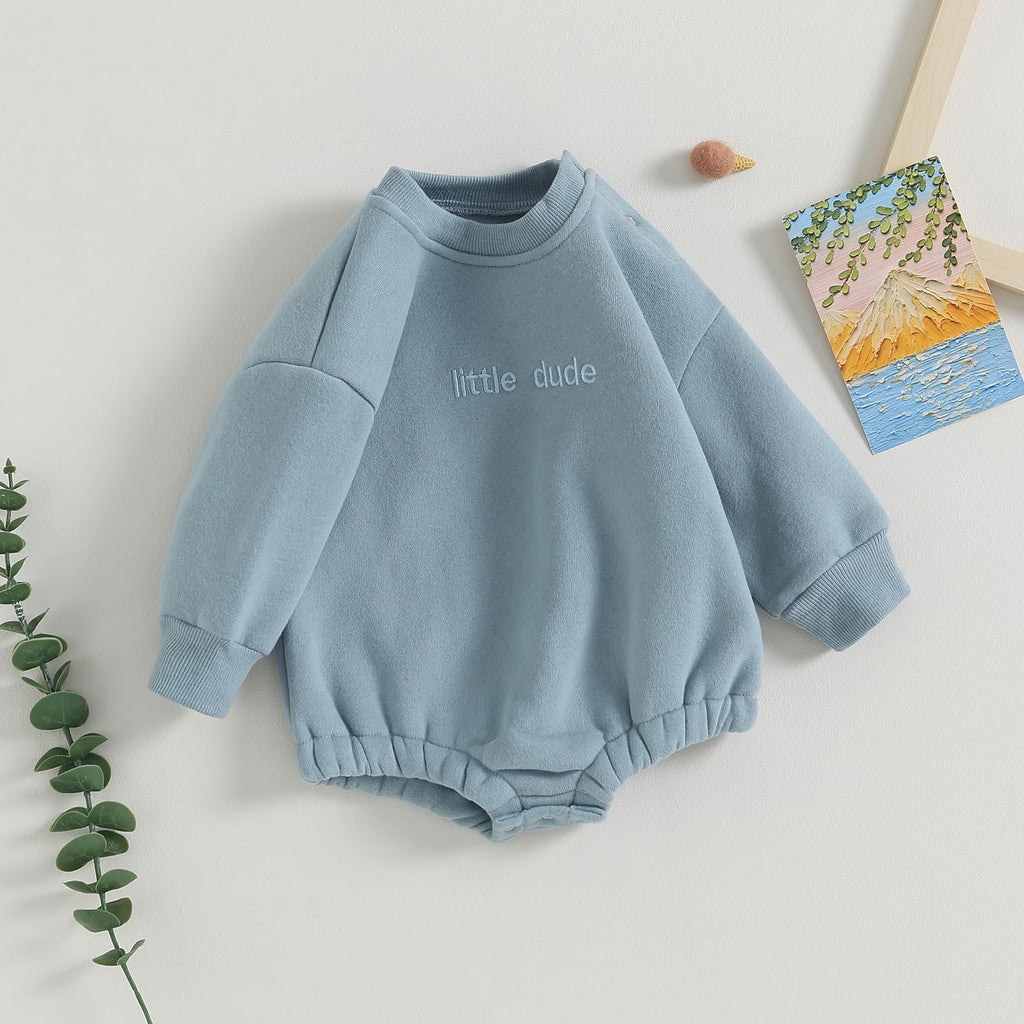 VISGOGO Baby Boy Oversized Sweatshirt Romper Solid Long Sleeve Bubble Little Dude Romper Sweater Bodysuits Fall Clothes (Blue, 12-18 Months)