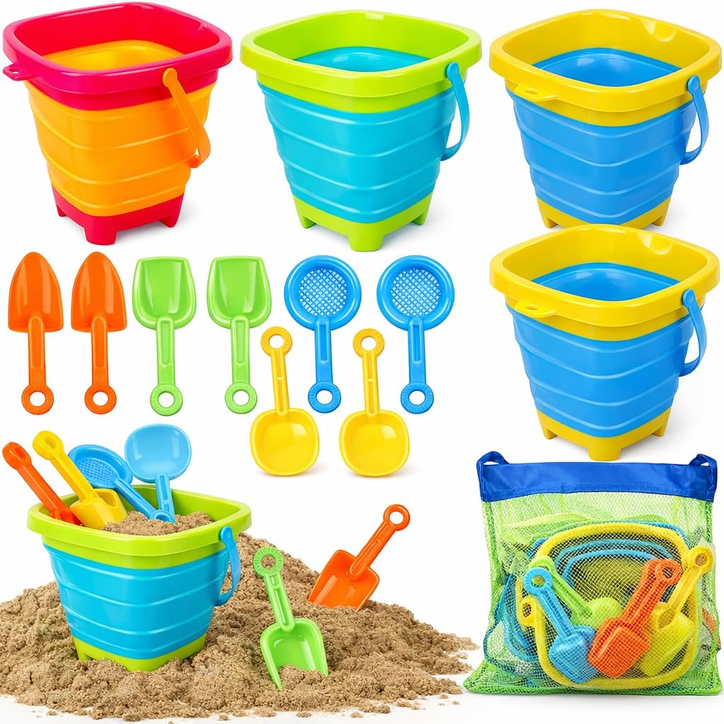TOY Life 9-Pc Collapsible Sand Bucket Set with Shovels & Rakes, Ages 3-8