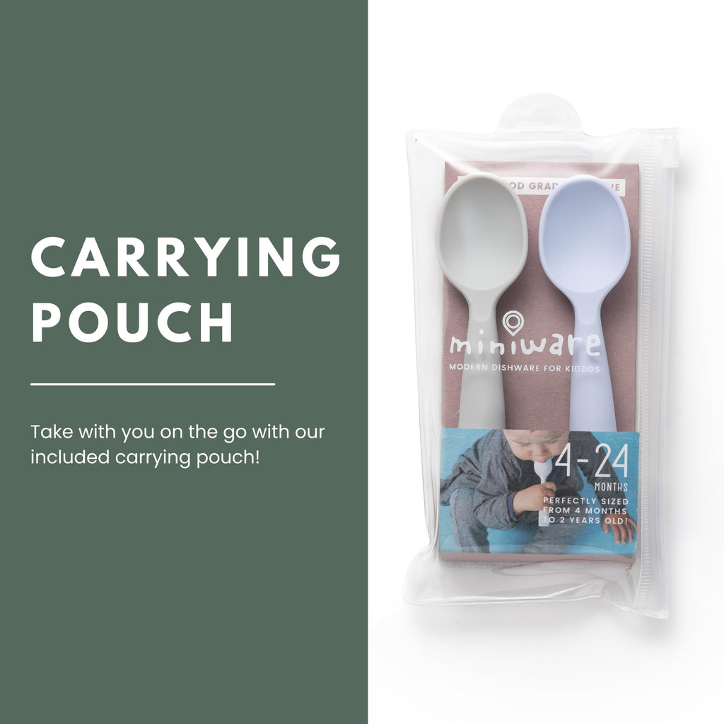Miniware Silicone Baby Spoon for Training - BPA Free Baby Utensils - Baby Spoons Self Feeding 6 Months | 100% Food Grade Silicone - Modern & Dishwasher Safe Toddler Spoons (Grey and Lavender, 2 Pack)