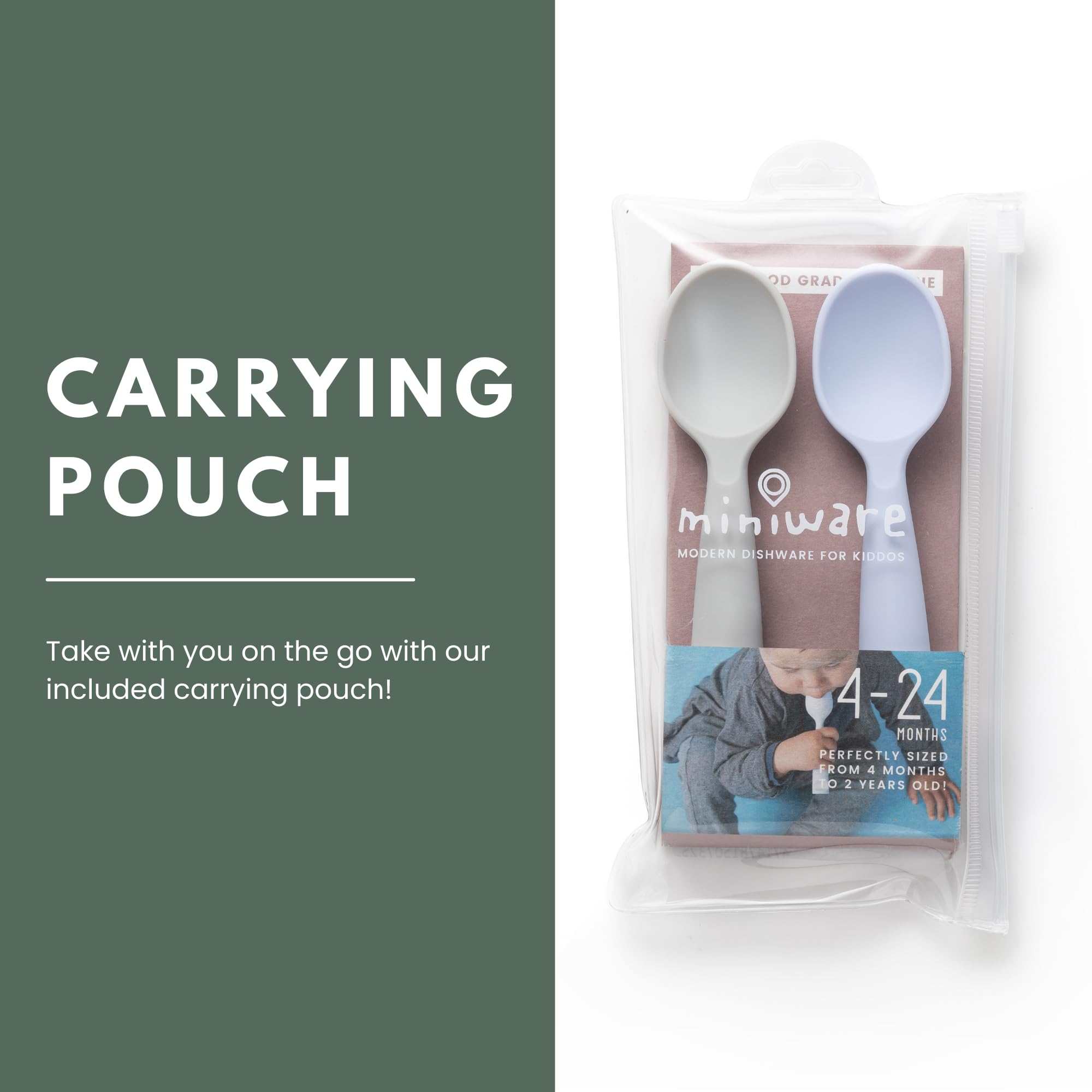 Miniware Silicone Baby Spoon for Training - BPA Free Baby Utensils - Baby Spoons Self Feeding 6 Months | 100% Food Grade Silicone - Modern & Dishwasher Safe Toddler Spoons (Grey and Lavender, 2 Pack)