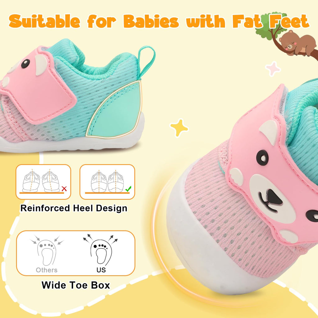 FEETCITY Baby Walking Shoes Baby Sneakers Wide Infant Shoes Breathable Infant Slip On Shoe Newborn Crib Shoe 2-2.5 Years Pink Green