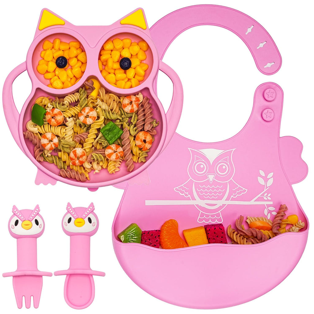 NICINGU Baby Toddler Silicone Suction Plate with Spoon&Fork And Adjustable Bib Set,Silicone Baby Feeding Utensils Set，Baby Toddler Led Weaning Supplies Set-Pink Owl Set