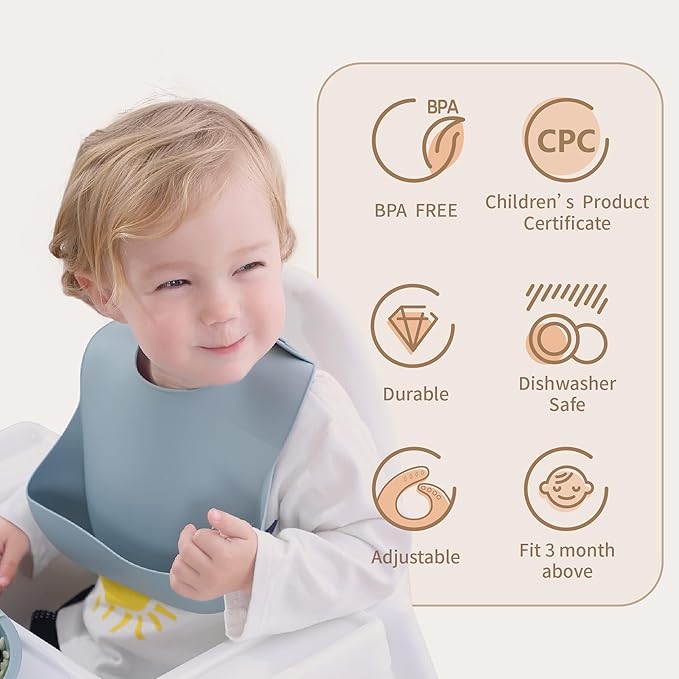 Moonkie Silicone Bibs Set Of 3, BPA Free Soft Adjustable Fit Waterproof Feeding Bibs for Babies and Toddlers(Ether/Sage/Cream)