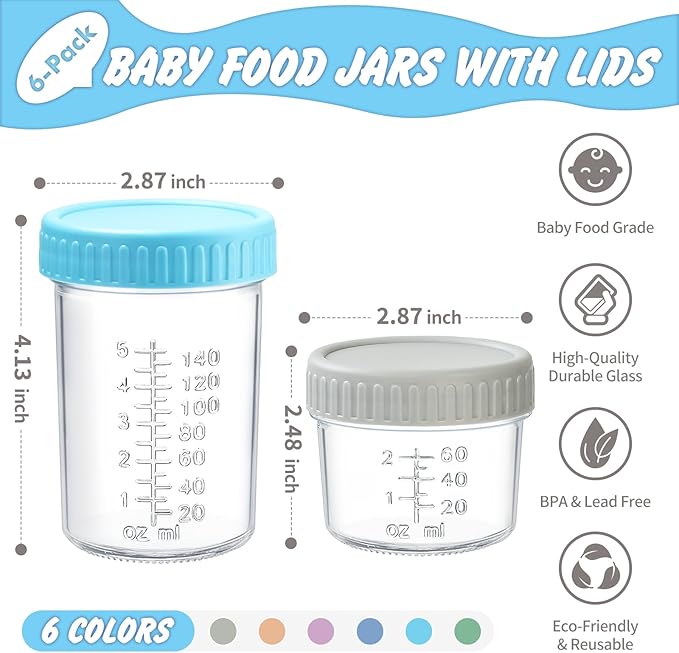 DRKIO 6 Pack Glass Baby Food Storage Containers - 4 & 8 oz Baby Food Jars with Lids Baby Food Maker Microwave Dishwasher Freezer Safe 100% Leak Proof BPA Free Reusable