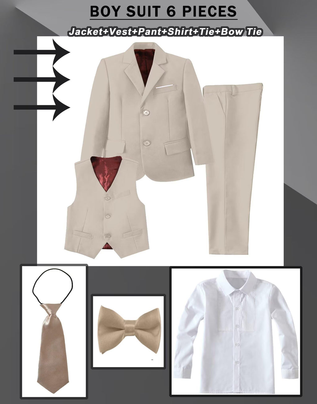 Boy Suit Slim Outfit 6 Piece Tux Jacket Vest Pants Light Champagne 18