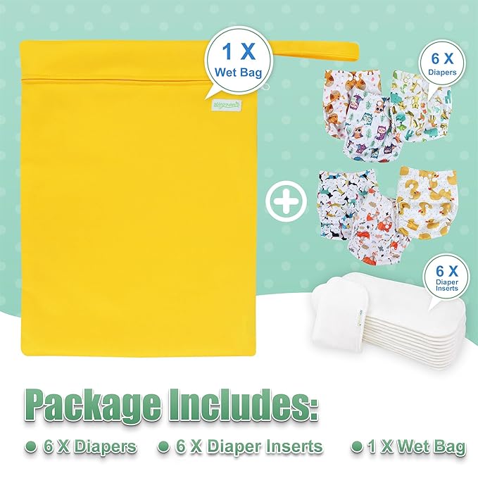 wegreeco Cloth Diapers 6 Pack with 6 Inserts & 1 Wet Bag, Washable Cloth Diapers for Babies, One Size Adjustable Reusable (Bright Animals)