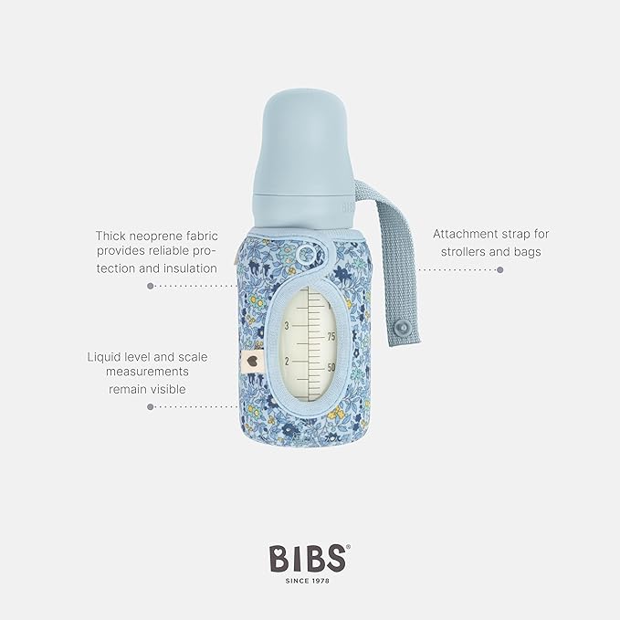 BIBS x Liberty Baby Bottle Cover Small 110ml - Neoprene Protective Cover for BIBS Bottles - Liberty Print Design, Small, Charmomile Lawn Baby Blue