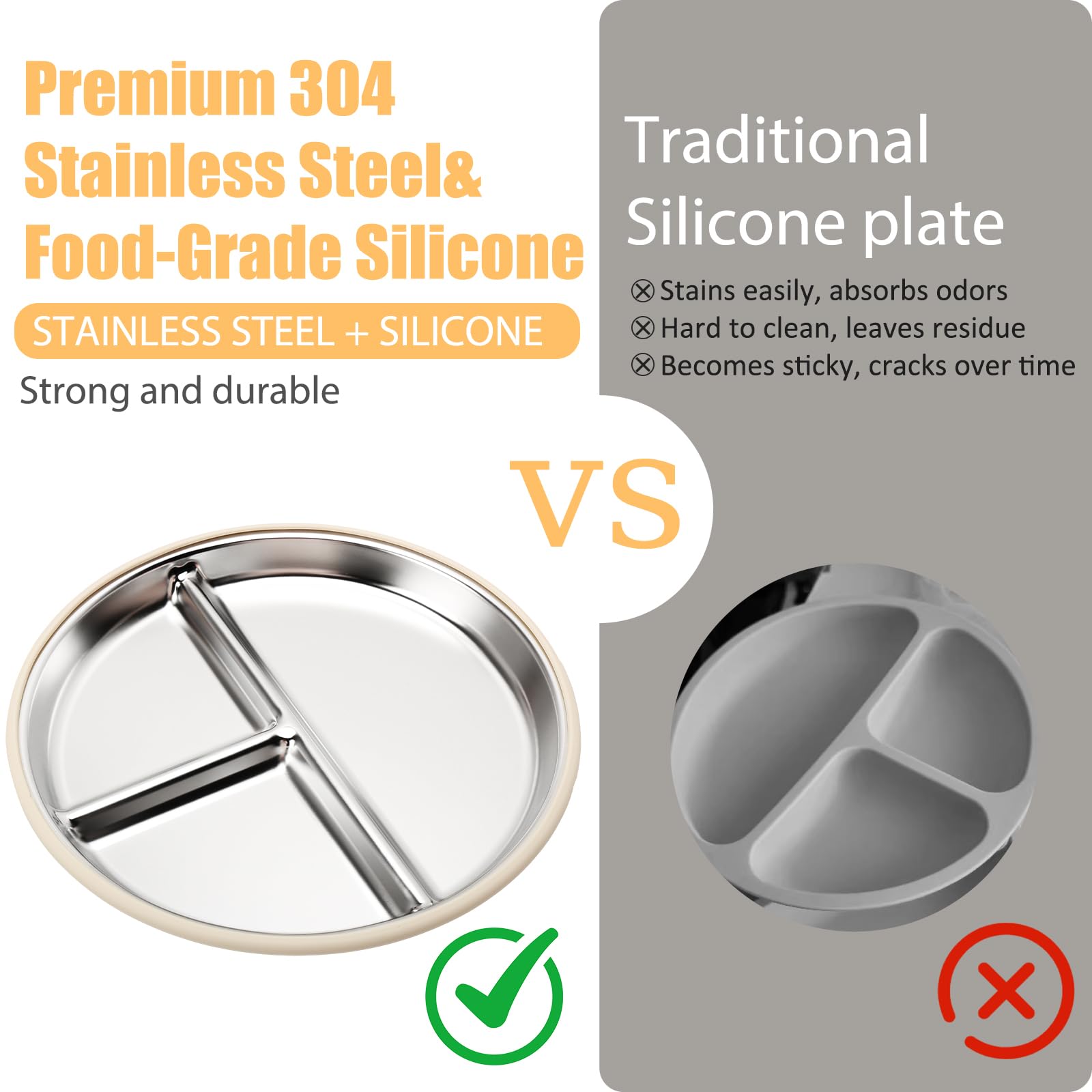 MISSLILI Stainless Steel Baby Plate and Bowls with Suction - 4 Packs