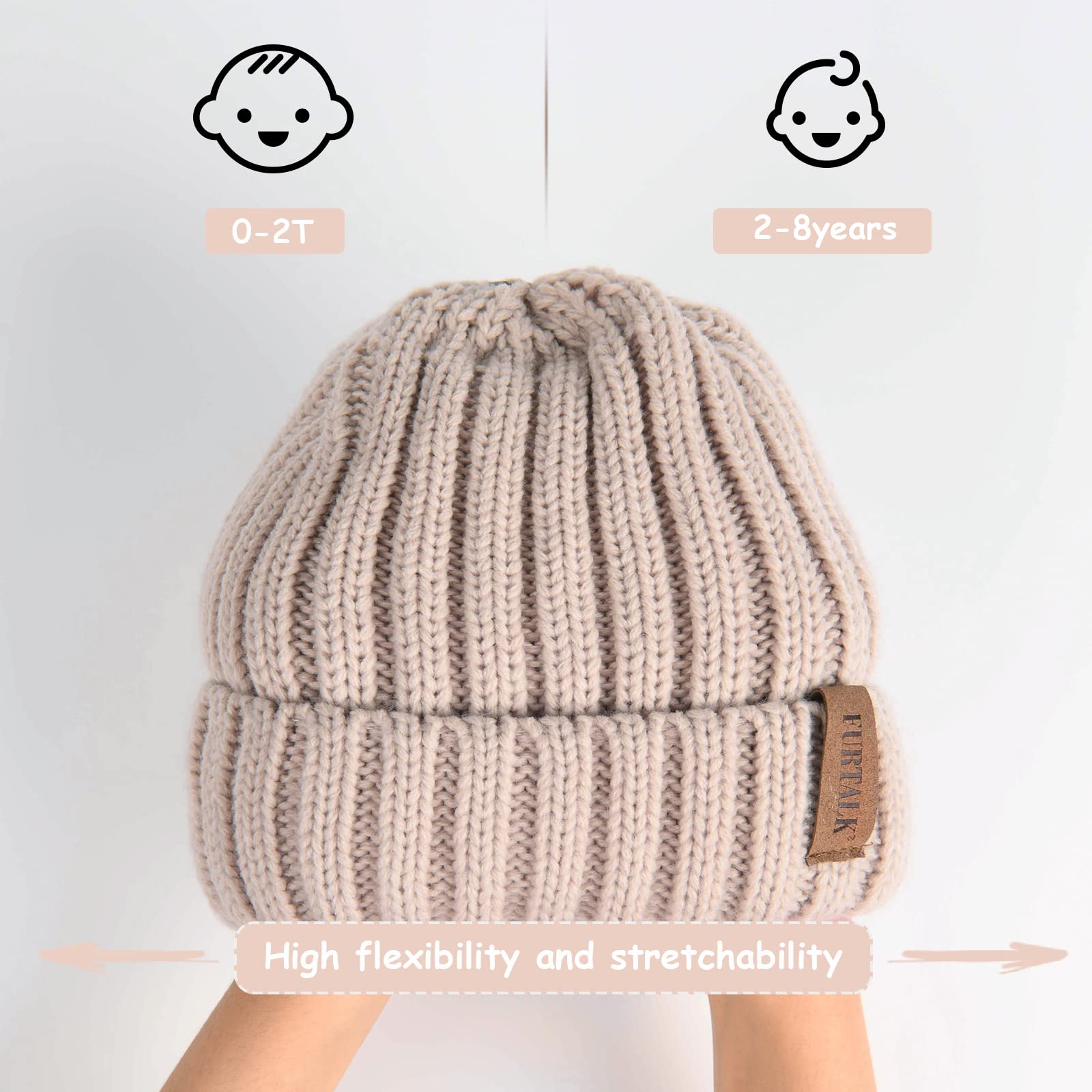 FURTALK Kids Winter Hat Toddler Knitted Beanie Faux Fur Pom Light Khaki